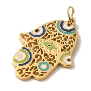 Privjesak Fatimina ruka, od nehrđajućeg čelika SS304 i emajla,  vel 25x18x1 mm, pozlata,SS10