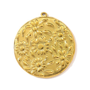 Privjesak medaljon reljefni s cvijećem od nehrđajućeg čelika SS304 vel.33x31 mm alka 5,5x3 mm, ION pozlata 18 karat.zlatom, 1 kom, SS101