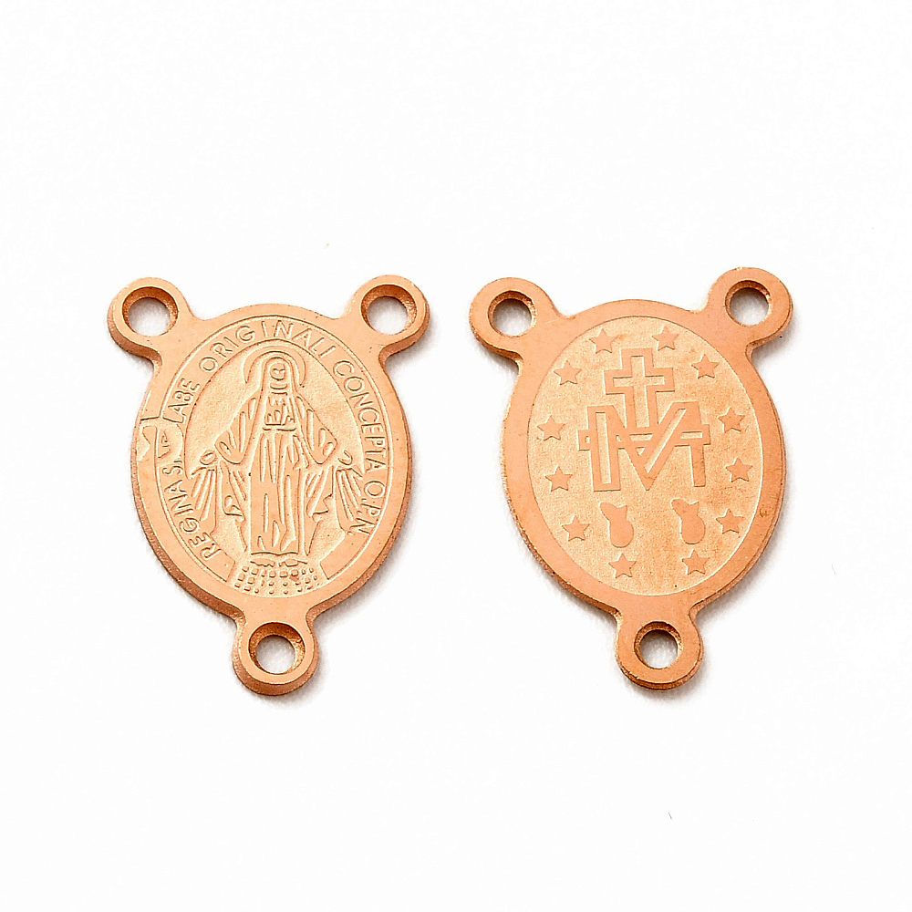 Konektor medaljica Čudotvorne gospe, nehrđajući čelik SS304, vel.15x9x0,7 mm, 1 kom, boja: ružičasto zlato SS10