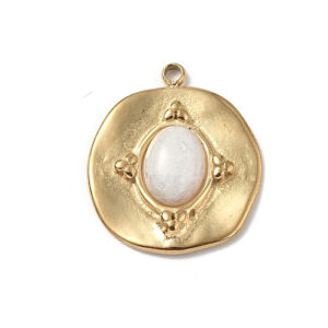 Privjesak Privjesak nehrđajući čelik SS304 vel.19,5x16,5x4 mm, pozlata 18 karat.zlatom, kamen: prirodni bijeli žad, 1 kom, SS109