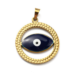 Privjesak Urokljivo oko, okrugli od nehrđajućeg čelika SS304 i emajla, vel.28,5x25,5x3 mm, alka 5x3,5 mm,  ION pozlata 18 karat.zlatom i plavi emajl, 1 kom, SS101