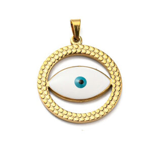 Privjesak Urokljivo oko, okrugli od nehrđajućeg čelika SS304 i emajla, vel.28,5x25,5x3 mm, alka 5x3,5 mm, ION pozlata 18 karat.zlatom i bijeli emajl, 1 kom, SS101