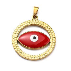 Privjesak Urokljivo oko, okrugli od nehrđajućeg čelika SS304 i emajla, vel.28,5x25,5x3 mm, alka 5x3,5 mm,  ION pozlata 18 karat.zlatom i crveni emajl, 1 kom, SS101