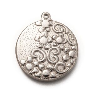 Privjesak medaljon reljefni s cvijećem od nehrđajućeg čelika SS304 vel.27,5x24x3 mm , boja : inox , 1 kom, SS101