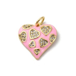 Privjesak Srce, emajl s cubic zirconima, mjed pozlata 18 karat.zlatom, vel.16x16x2,5 mm, 1 kom, boja: roza CZ6