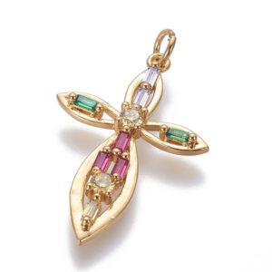 Privjesak Križ, mjed+cirkonij, pozlata 18K zlatom, 30x20x3 mm, 1 kom
