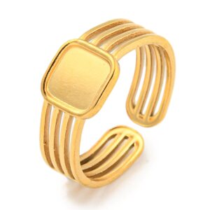 Prsten, nehrđajući čelik, ION pozlata 18K zlatom, podesiva širina, pločica 6X6 mm, 1 kom, SS304
