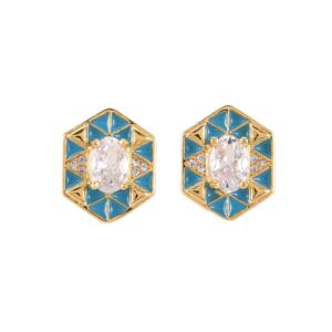 Naušnice mjed, pozlata 18K zlato+cirkoniji+emajl tirkizni, nez nikla , kadmja i olova, 1 par, 15x12 mm