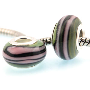 Perlica Stripes Pink green, 1 kom, lampwork staklo E1
